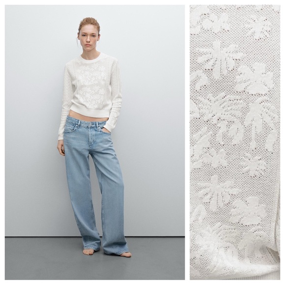 NWT. Massimo Dutti White/Cream Cotton/Linen Blend Cutwork Lace Sweaters Size XS. - Picture 1 of 10